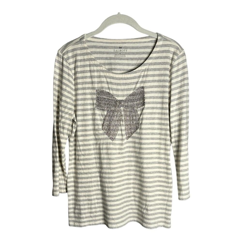 Talbots Gray and White Striped Top With Beaded Bow On Front Medium